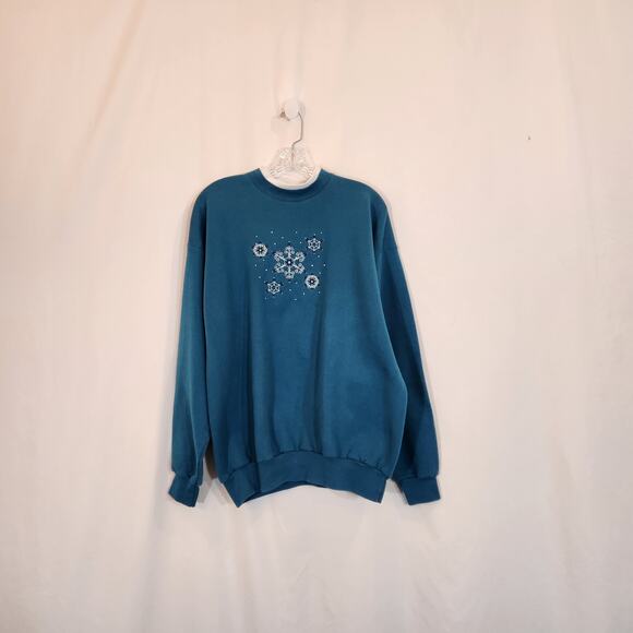 M & C SPORTSWEAR VTG Blue White Embellished Snowflake Sweatshirt Large L - Picture 1 of 8
